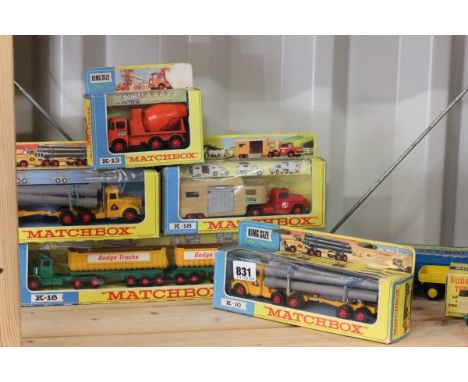 Five boxed Matchbox King Size including K-10 Pipe Truck x2, K-13 Ready Mix Concrete Truck, K-16 Dodge Tractor with Twin Tippe