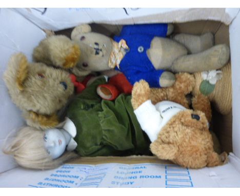 Box of vintage Teddy Bears plus a doll
