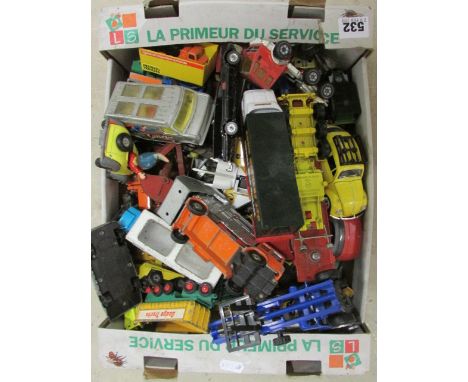 Box of mixed play worn vehicles including Corgi Batmobile, Corgi Noddy's Car, Matchbox etc