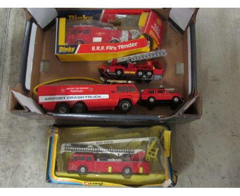 Group of vintage die cast vehicles featuring mainly Fire Engines including boxed Dinky 266, Corgi 1126, loose play worn Lesne