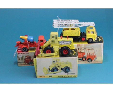 Three boxed Dinky commercial vehicles including 970 Jones Fleetmaster Cantilever Crane, 960 Lorry Mounted Concrete Mixer, 976