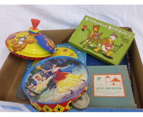 Vintage toys and games including German Spinning Top, Chad Valley Tambourine, Disneyland Stationary for Young Folk, Kiddicraf