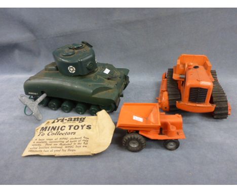 Triang Minic Clockwork Sherman Tank with key and pcket of 'smoke puff', a Triang Minic Tractor (no Bulldozer) with key and a 