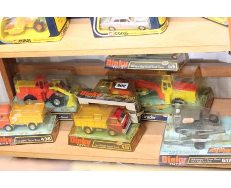Seven boxed Dinky die cast vehicles including 617 Volkswagen KDF and 50mm PAK Anti Tank Gun, 625 6-Pounder Anti Tank Gun, 279