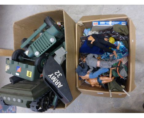 Two boxes of vintage Action Man items and acccessories including vehicles, clothing, many doll parts etc