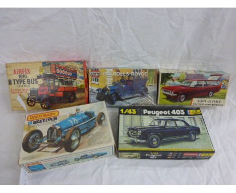 Five boxed vintage model kits including Airfix Victor 2000 Estate, B-Type Bus (Old Bill) & 1911 Rolls Royce, Humbrol Heller P