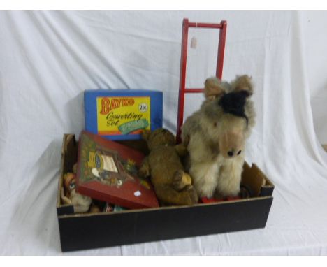 Collection of mixed vintage toys including a Disney Mickey Mouse & Donald Duck wooden box with various dolls inside, a boxed 