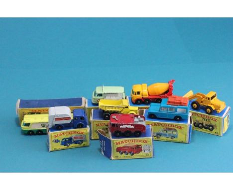 Eight boxed play worn Matchbox vehicles including M-1 BP Petrol Tanker, 69 Hatra Tractor Shovel, 63 Fire Fighting Crash Tende