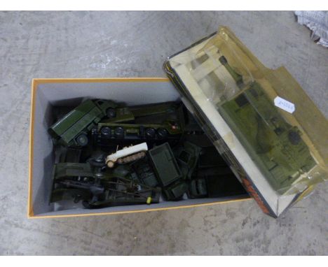 A Quantity of Loose Die Cast Military Vehicles including Dinky, Matchbox, Minic and Solido plus a Cased Dinky Chieftain Tank 