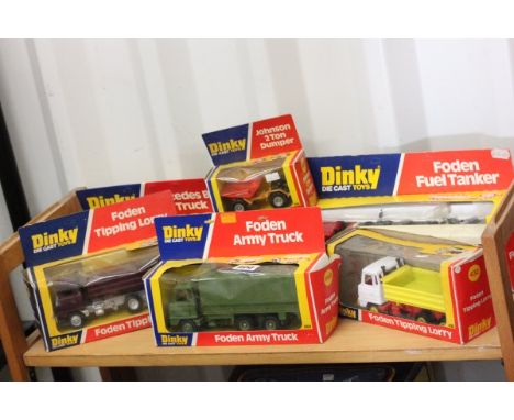 Six boxed Dinky vehicles including 668 Foden Army Truck, 950 Foden Fuel Tanker, 432 Foden Tipping Lorry x2, 940 Mercedes Benz