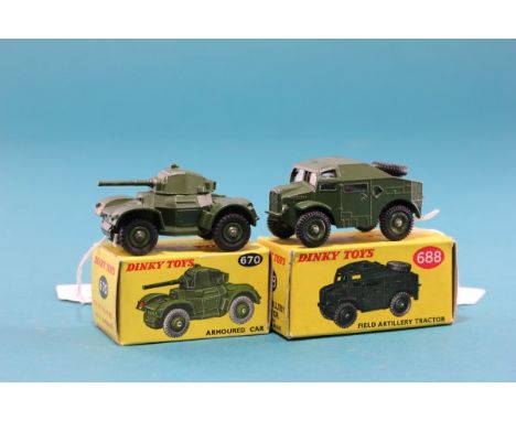 Two boxed Dinky military vehicles including 670 Armoured Car gd, box vg and 688 Field Artillery Tractor vg, vg box