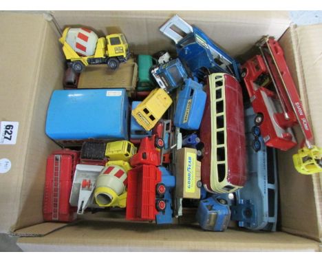A Quantity of Play Worn Die Cast Vehicles including Dinky, Matchbox, Lledo and Corgi plus Two Tin Plate Lorries 