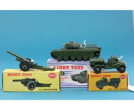 Three boxed Dinky military vehicles including 651 Centurion Tank vg with vg with that has some scuffs, 643 Army Water Tanker 