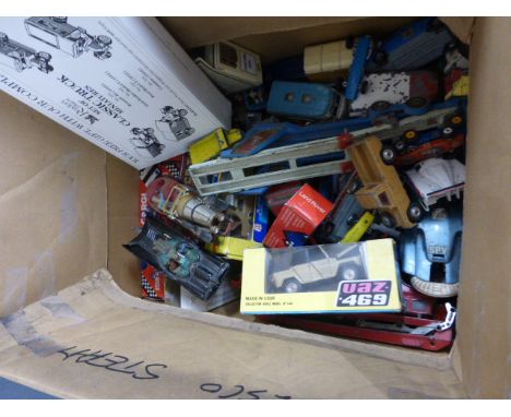 A Box of Boxed and Playworn Die Cast Vehicles including Corgi Batmobile (with figures) and Chitty Chitty Bang-Bang (with one 