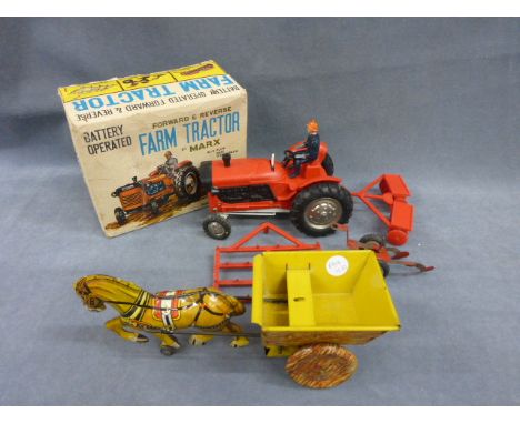 Boxed Marx Farm Tractor plus a Marx tin hors & farm cart