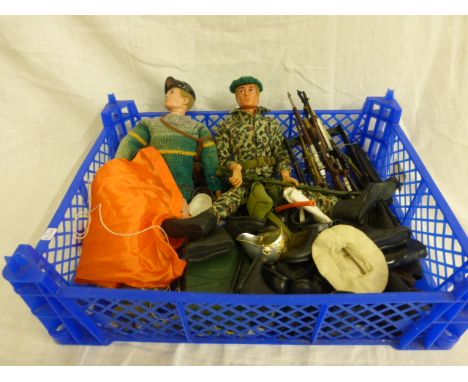 A Quantity of Action Man Items including two figures (a/f), weapons, boots, clothing and parachute 