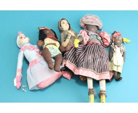 A 1920's Flapper Wax Headed Doll, Three Ethnic Rag Dolls and Vintage Indian Girl Costume Doll 