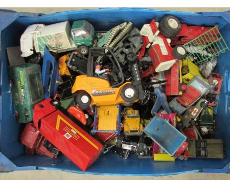Box of play worn vehicles including Corgi, Dinky, Matchbox etc