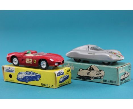 Two boxed Solido vehicles including 129 Ferrari 2L 5 with driver and vg box and 113 Fiat Arbarth small hairline crack to wind