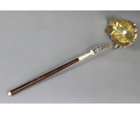 A continental silver ladle (possibly Austro-Hungarian) with wooden &amp; ivory handle, floral-twist hollow silver stem &amp; 