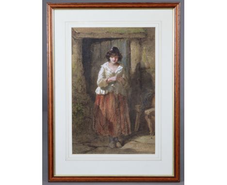 HENRY E. HOBSON, R.A. (fl. 1857-1866). Portrait of a young lady wearing red skirt, standing outside a stone building.  Signed