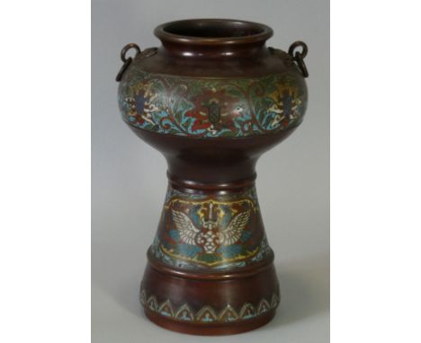 A late 19th/early 20th century Chinese bronze &amp; cloisonné enamel vase, the circular squat bowl on tapering stem, decorate