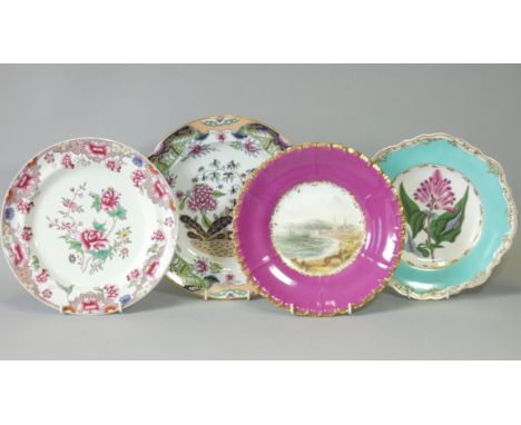 An early 19th century Spode creamware 9¾” diam. plate painted with exotic flowers in bright enamels, pattern No. 3422; a Cope