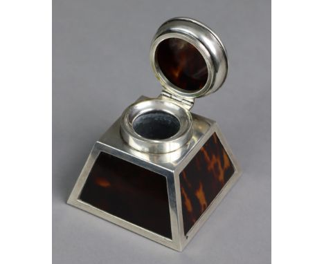 A silver &amp; tortoiseshell inkwell of square tapered form, with hinged lid, Birmingham 1921 by Percy James Finch, 2¾” high.