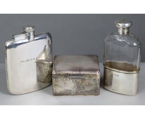 A late Victorian silver-mounted cut-glass spirit flask, London 1901, 5¾” high; a sivler-plated hip flask inscribed “Major R. 