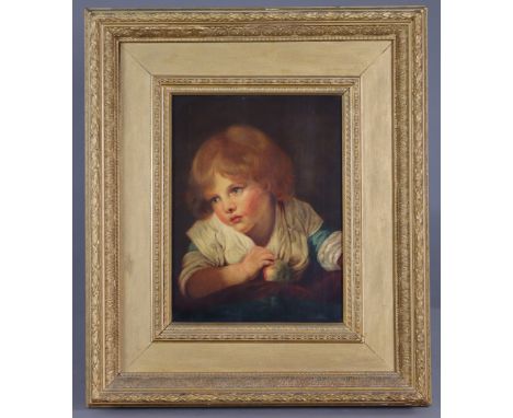 ENGLISH SCHOOL, 19th century.  A head-&amp;-shoulders portrait of a young girl holding an apple; oil on canvas: 17” x 13”, in