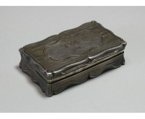A Victorian silver snuff box, of shaped rectangular form with engine-turned decoration, engraved inscription “J. W., 1851” to