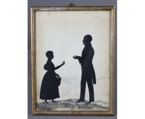 A 19th century silhouette of JONATHAN SISSON COOPER (1777-1850) &amp; his daughter Charlotte Louise, with monochrome watercol