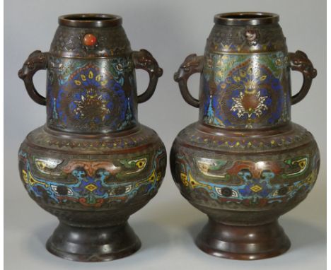 A pair of late 19th/early 20th century Chinese bronze &amp; cloisonné enamel vases, each with all-over archaistic decoration,
