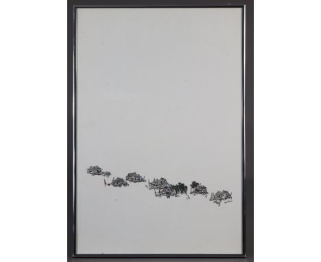 A. M. LAU (20th century).  A set of three coloured lithographs on paper depicting Asian village scenes, one signed “E. M. Lau