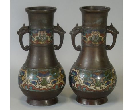 A pair of late 19th/early 20th century Chinese bronze &amp; cloisonné baluster vases, each with bands of archaistic decoratio