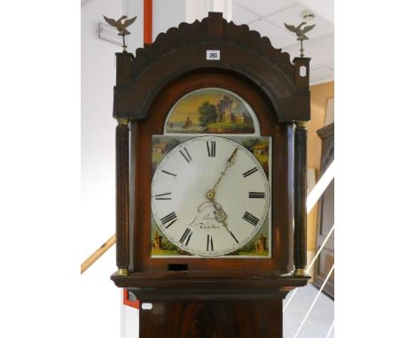 An early 19th century longcase clock with 12” painted dial with landscape decoration, in mahogany case with brass finials &am