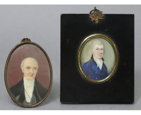 ENGLISH SCHOOL, late 18th century. A portrait miniature of a gentleman wearing white neckerchief &amp; blue coat, 2” x 1½” (o