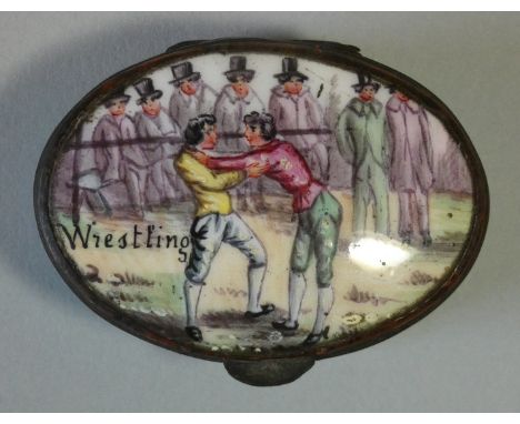 An 18th century turquoise enamel oval snuff box, with painted scene “Wrestling” to the hinged lid, 2” wide x 1” high. (variou