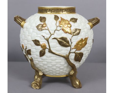 A Royal Worcester ovoid two-handled vase of basket-weave design, with raised decoration of flowering boughs issuing from the 