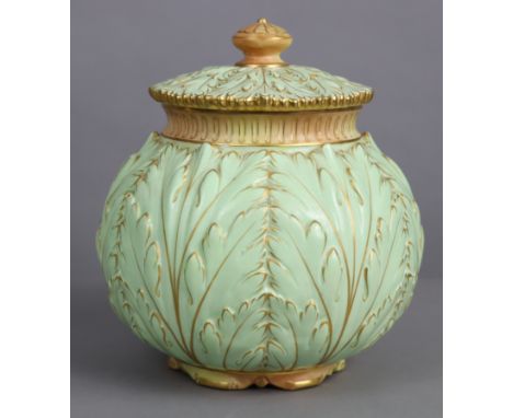 A Grainger’s Worcester pot-pourri jar of round leaf-moulded form, pale green ground with gilt highlights, peach-ground short 