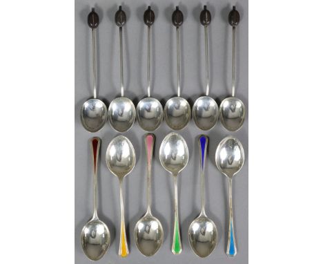 A set of six George VI silver coffee spoons with coloured enamel stems, Birmingham 1938 by Wm. Hair Haseler; &amp; a set of s