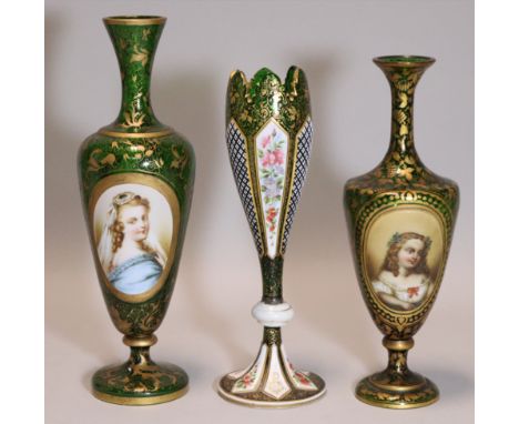 Two 19th century Bohemian green glass slender ovoid vases with narrow necks &amp; gilt leaf-scroll decoration, each with pain