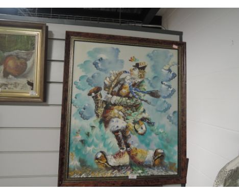 A modern art style original oil on board depicting saxophone playing clown