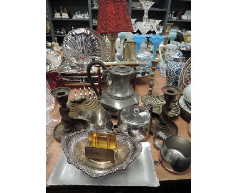 A selection of metal wares including pewter tea pot and London co mantle clock