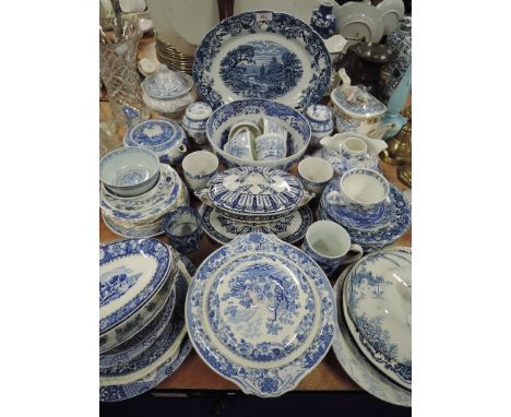 A selection of blue and white wear ceramics including oriental and Copeland Spode