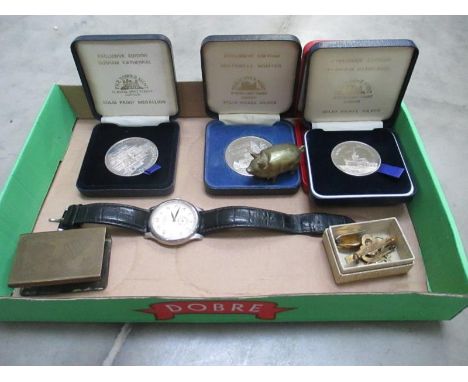 A Pig match holder and striker, Rotary watch, brooches, 4 Cathedral medallions etc