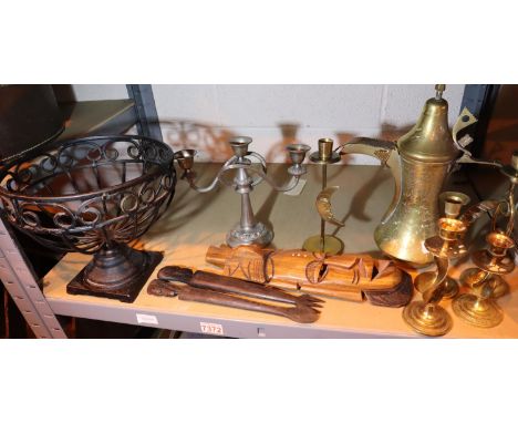 Shelf of mixed metal and wooden ware. Not available for in-house P&amp;P, contact Paul O'Hea at Mailboxes on 01925 659133 