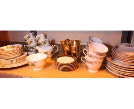 Shelf of three mixed china tea sets including Queen Anne. Not available for in-house P&amp;P, contact Paul O'Hea at Mailboxes