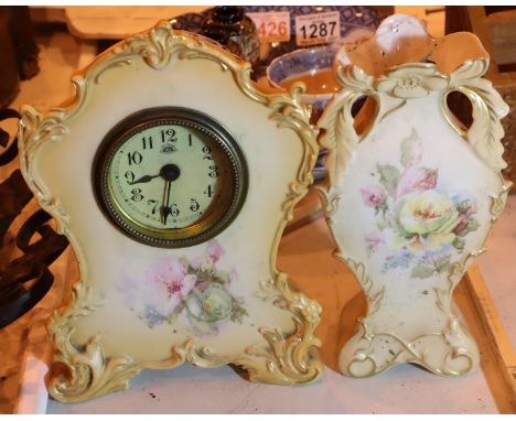 Mechanical part garniture mantel clock mounted in blush ivory ceramic. Not available for in-house P&amp;P, contact Paul O'Hea