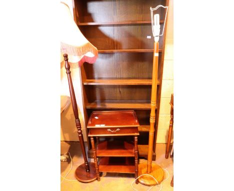 Mahogany standard lamp, an oak standard lamp and a reproduction telephone table. Not available for in-house P&amp;P, contact 